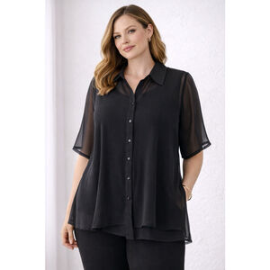 Black Sheer Layered Blouse Button Front Short Sleeve Lightweight Size 18W